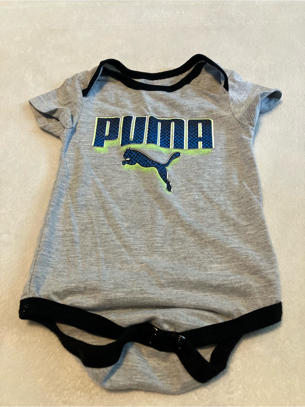 Puma Gray Baby Onesie with Neon Blue Logo